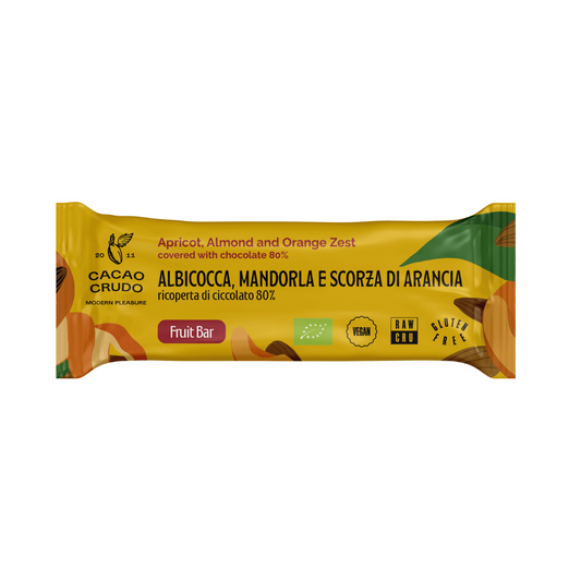 Cacao Crudo Bio - Schoko Frucht Riegel mit Aprikosen, Mandeln und Orangen Schale