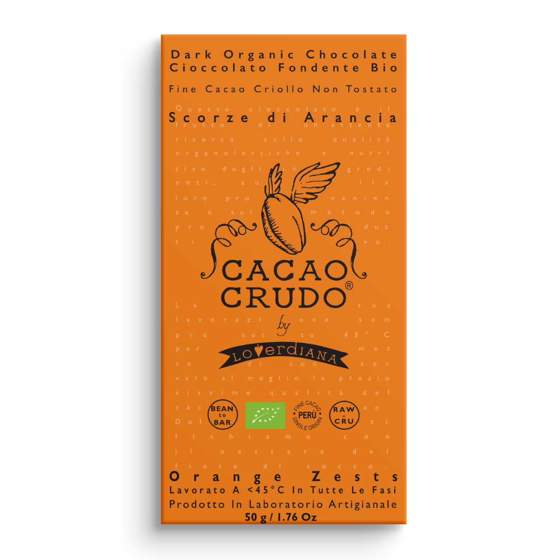 Cacao Crudo - Crudo Rohschokolade mit getrockneten Orangen Schalen aus Sizilien 5 g, 30 g, 50 g