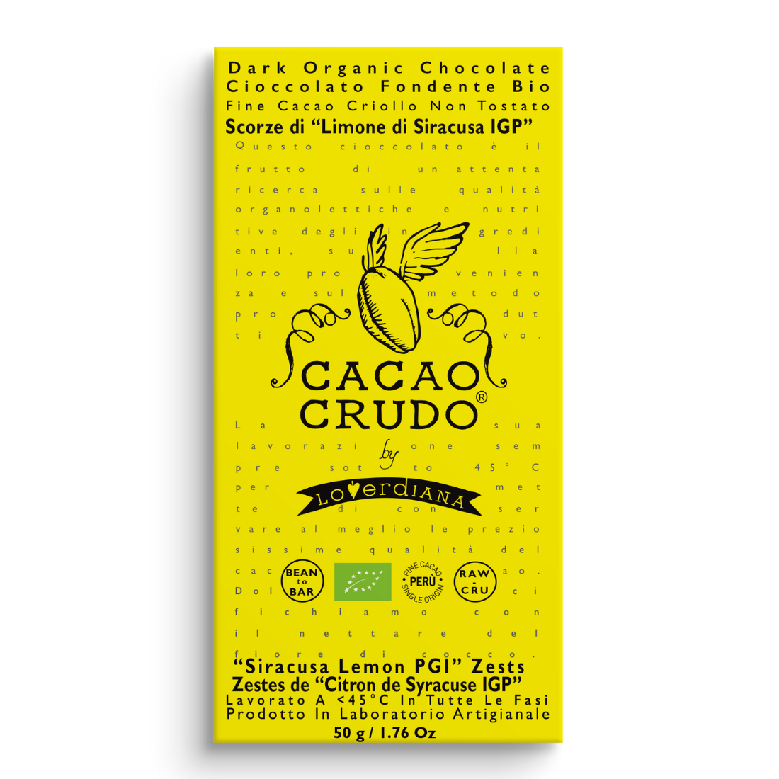 Cacao Crudo - Rohschokolade mit getrockneten Sizilianischen Bio Zitronen Schalen „Limone di Siracusa IGP"